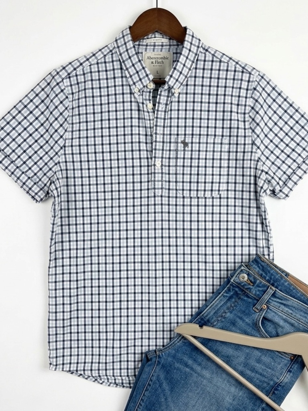 Abercrombie & Fitch Men Y2K Blue White Plaid Popover Short Sleeve Shirt L Preppy